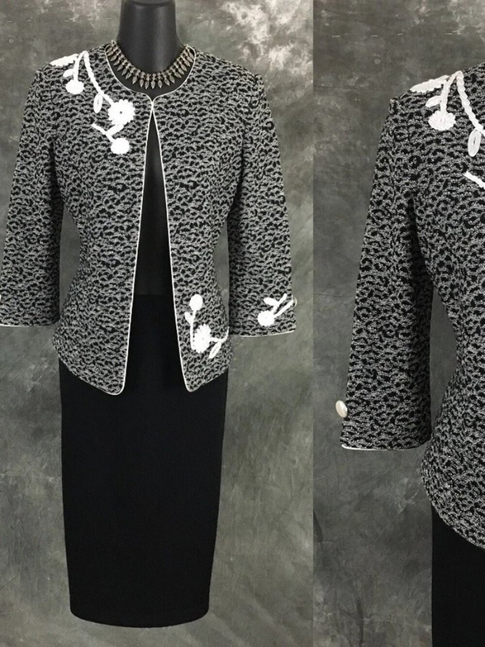 BEAUTIFUL St John collection knit black white jacket skirt suit size 4